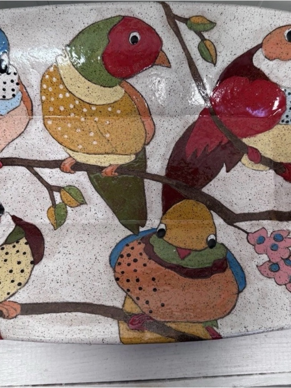 Three Wheel Studio Art Pottery Bird XL Footed Platter Signed Original 15”x9”